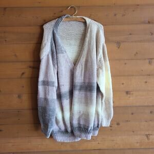 Handmade Slouchy Cardigan Oversized Knit Sweater Boho Cottage Stripe Open Front